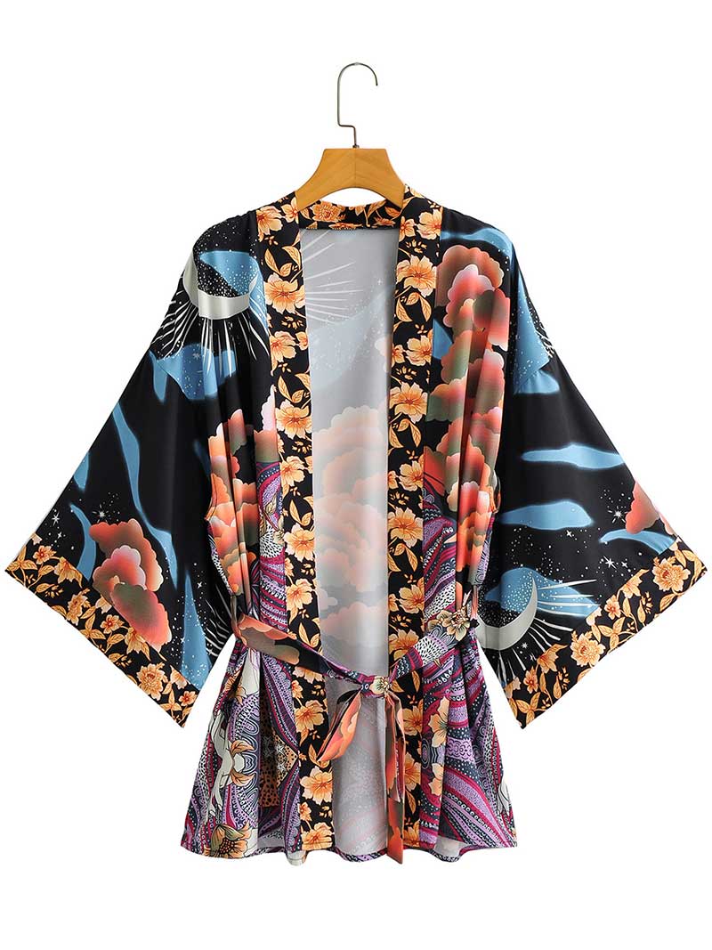 Multicolor Floral Moon Print Belted Open-Front Short Kimono