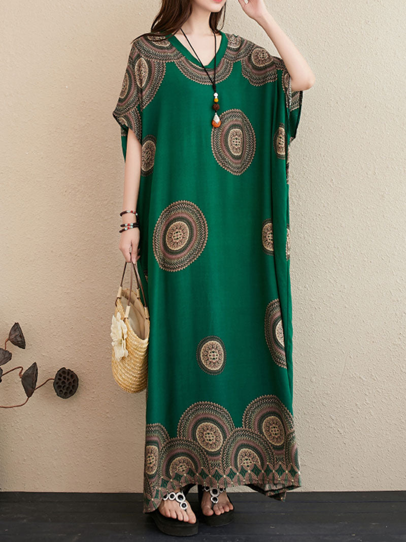 Green V-Neck Medallion Print Batwing Sleeve Loose Kaftan Maxi Dress 3