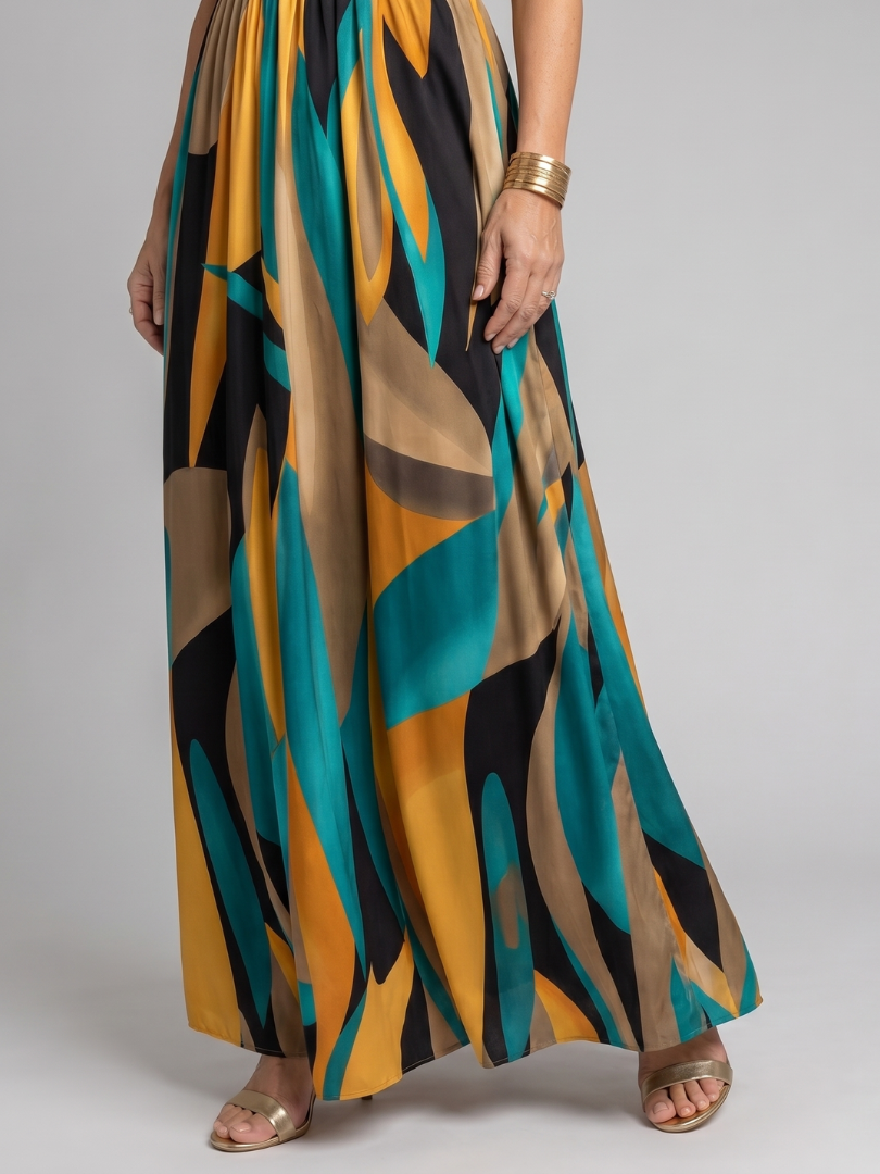 Multicolor V-Neck Abstract Print Sleeveless Belted A-Line Maxi Dress