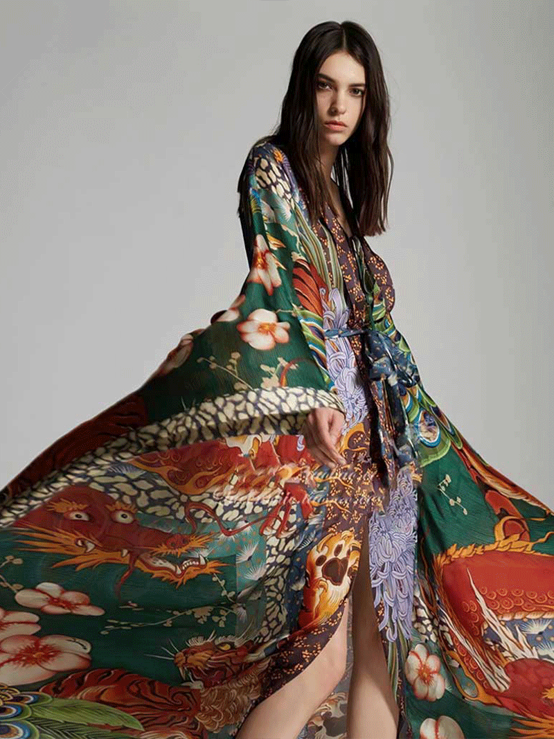 Multicolor Peacock Print Tie Waist Batwing Sleeve Long Kimono Duster