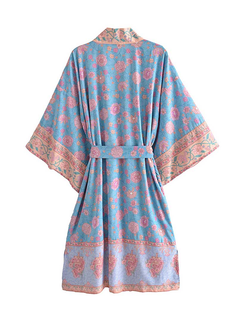 Blue Floral Print Belted Kimono Sleeve Long Duster Robe 2