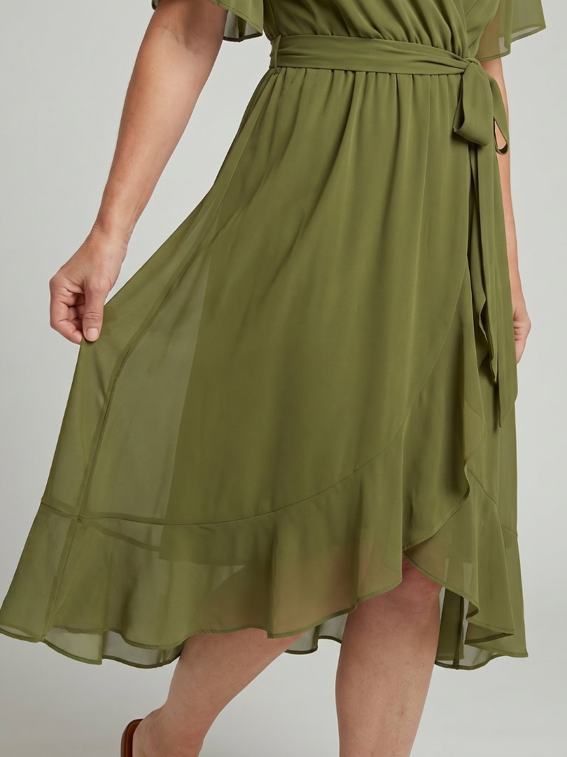 V-Neck Wrap Flutter Sleeve Chiffon Tie Waist Ruffle Hem Midi Dress 3