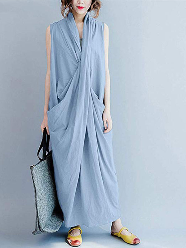 V-Neck Sleeveless Twist Front Draped Loose Cocoon Maxi Dress 2