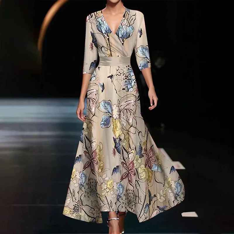 V-Neck Floral Print Wrap Belted A-Line Maxi Dress