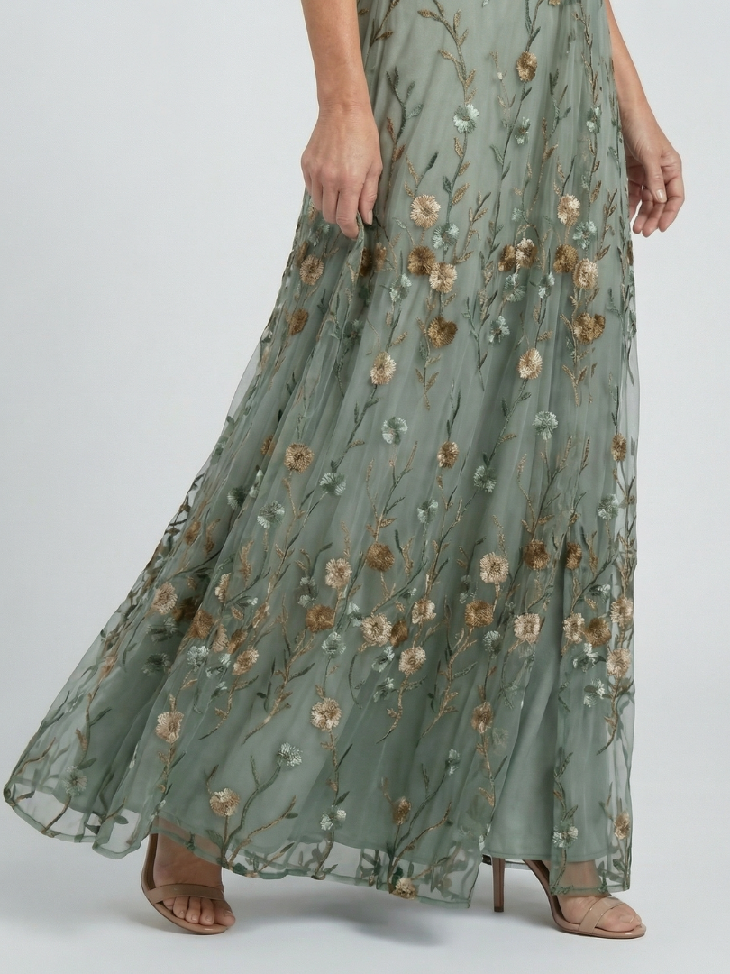 Sage Green V-Neck Flutter Sleeve Floral Embroidered Tie Waist Flowy Maxi Dress 3
