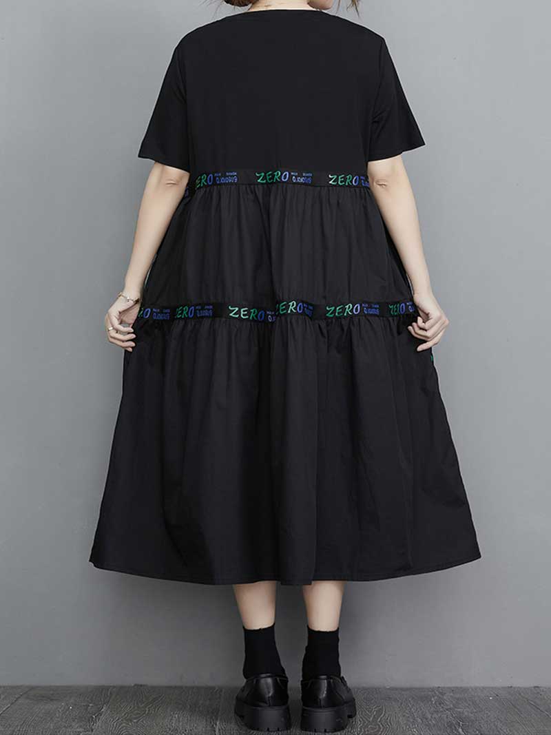 Black Round Neck Letter Tape Tiered Short Sleeve Loose Smock Midi Dress 2