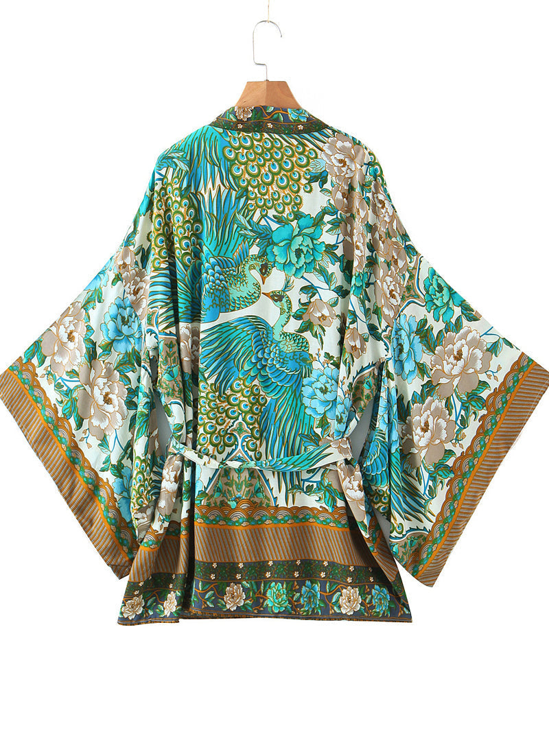 Green Peacock Floral Print Belted Wide Sleeve Short Kimono Robe 2