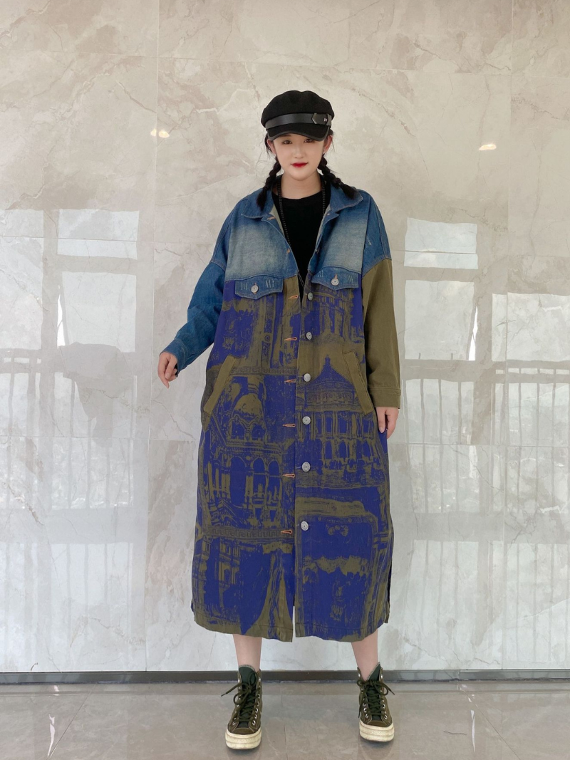 Lapel Collar Button Front Graphic Print Long Denim Coat