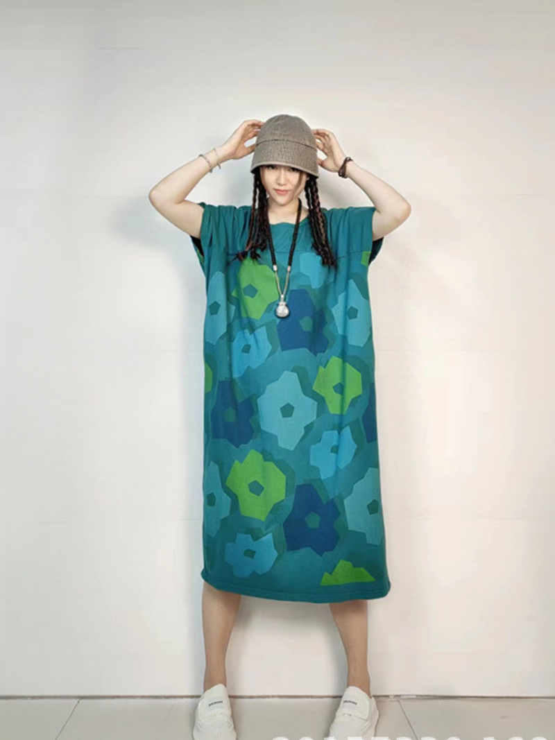 Round Neck Abstract Floral Print Short Sleeve Loose Cocoon Midi Dress 8
