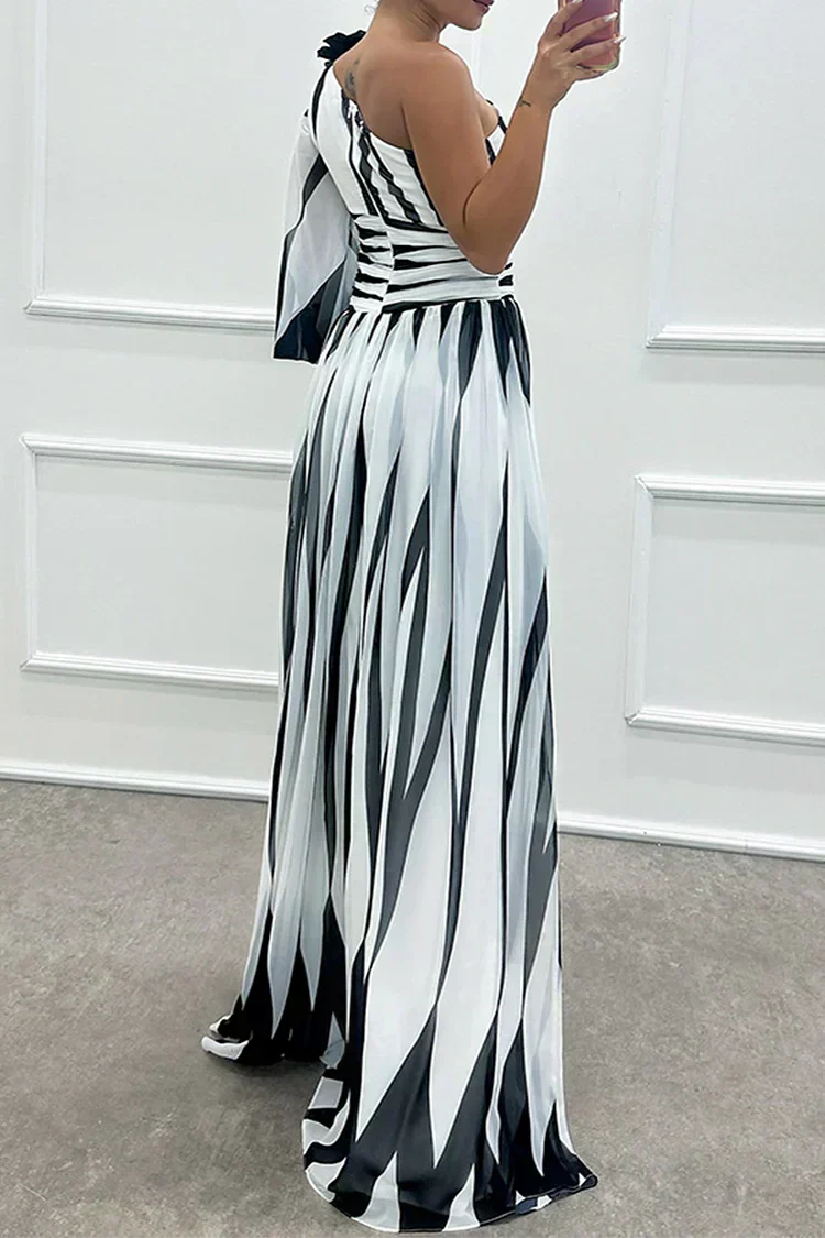 One Shoulder Striped One Sleeve Ruched High Slit Maxi Dress