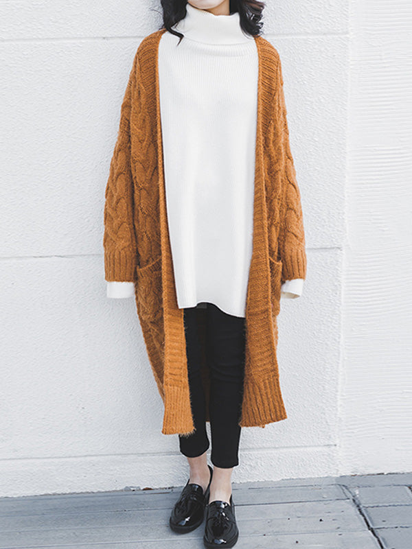 Open Front Cable Knit Fuzzy Longline Pocket Cardigan 2