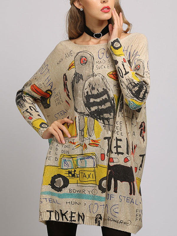 Boat Neck Long Sleeve Graffiti Print Oversized Knit Sweater 8