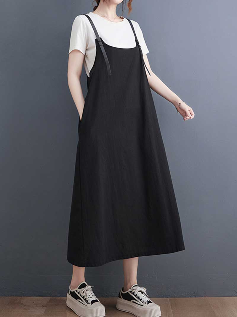 Plain Green Black Hemp Material Salopette Dress
