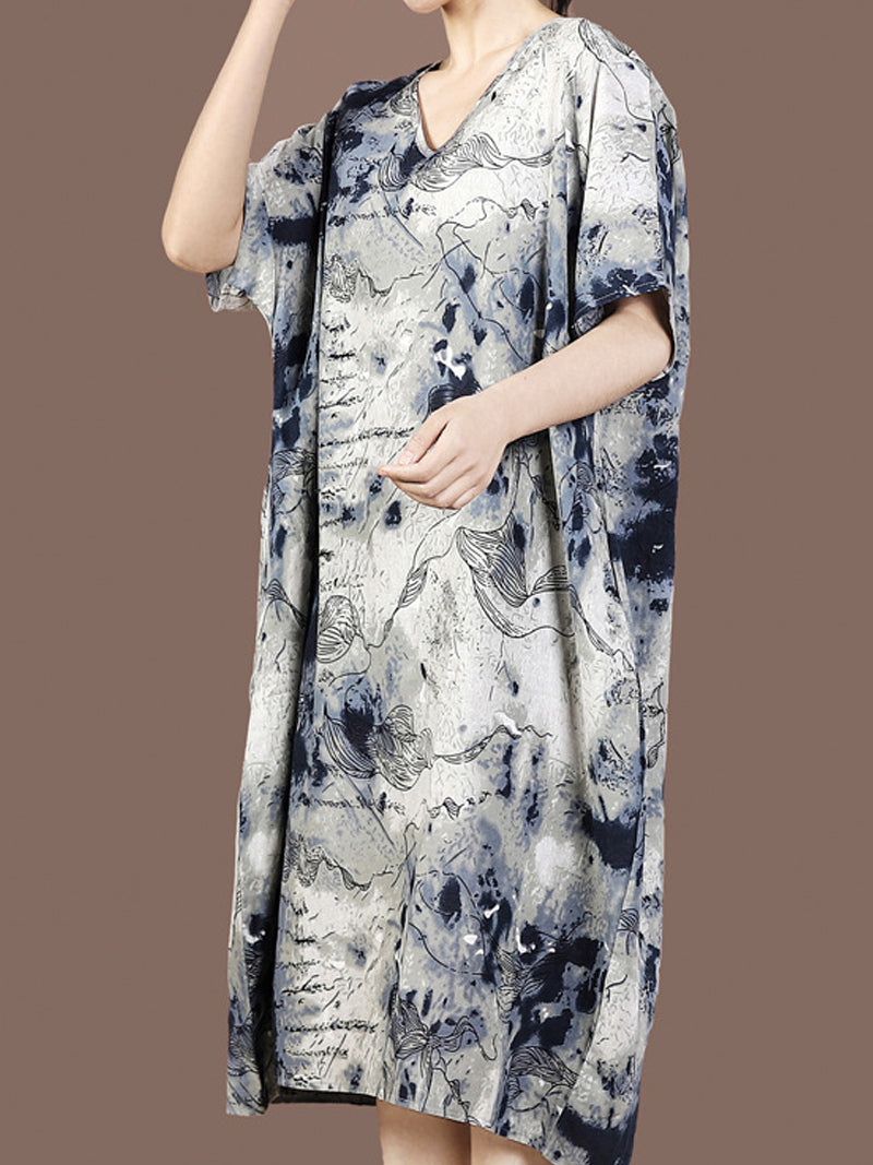 Grey V-Neck Ink Print Satin Short Sleeve Loose Cocoon Midi Dress 3