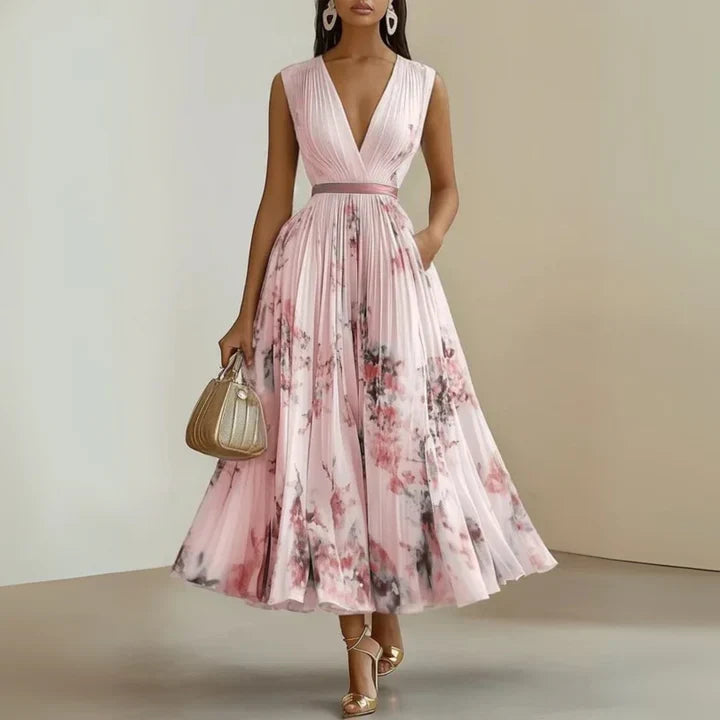 V-Neck Sleeveless Pleated Belted Watercolor Floral A-Line Midi Dress 2
