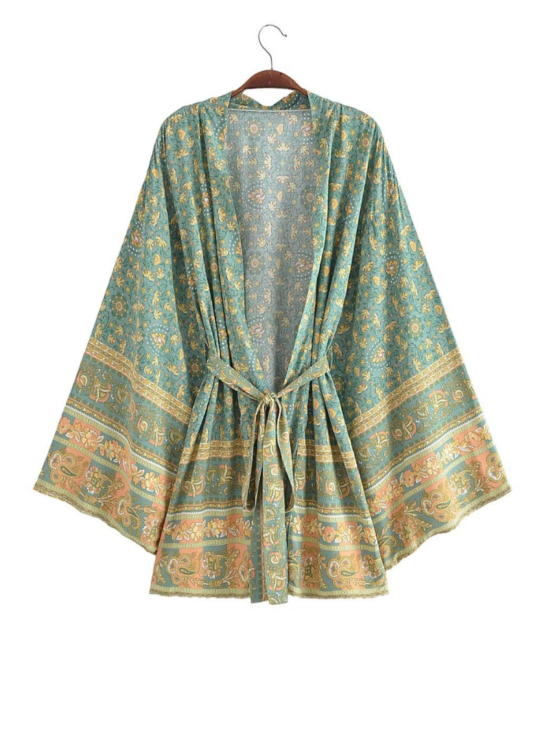 Paisley Floral Print Border Bell Sleeve Short Kimono 2