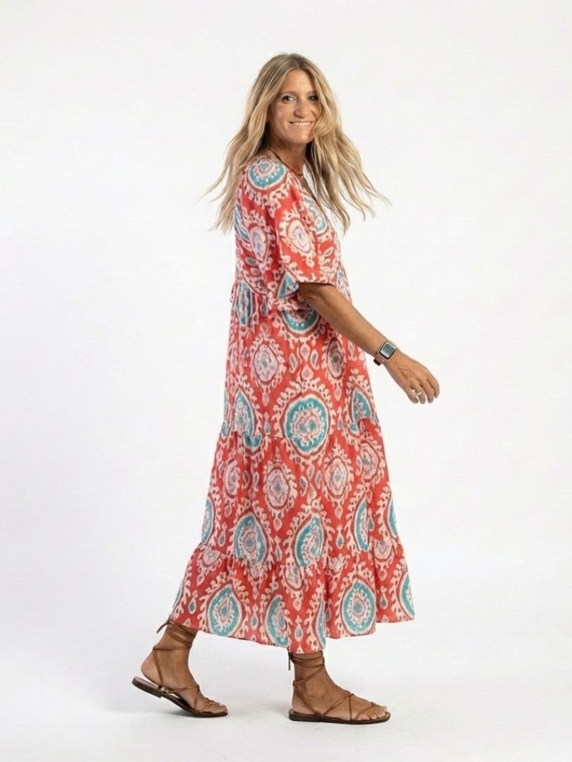 Red Split Neck Ikat Medallion Puff Sleeve Tiered Maxi Dress 2