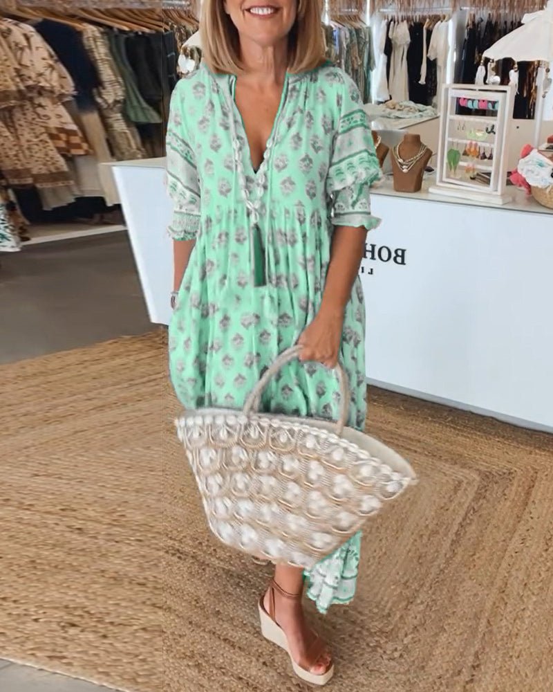 Split V-Neck Boho Border Print Ruffle Sleeve Tiered A-Line Midi Dress