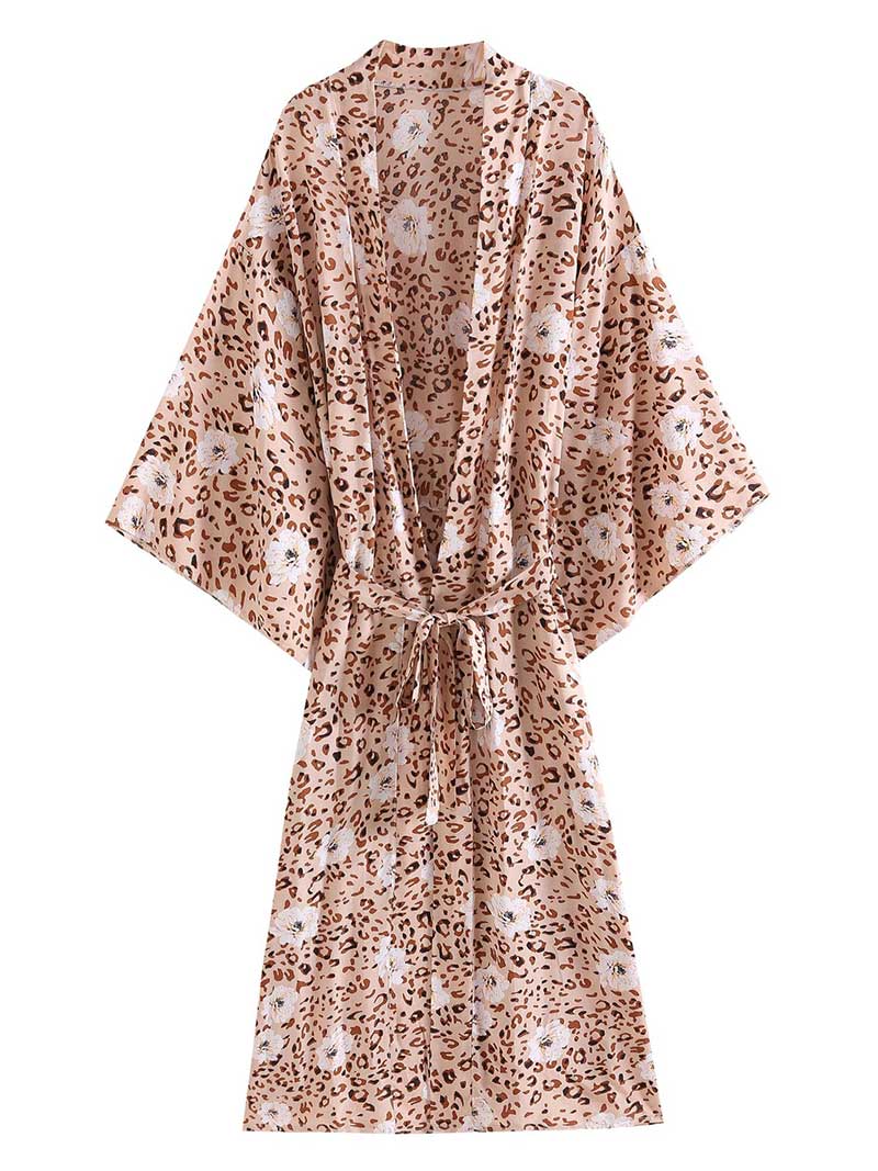 Leopard Tie Waist Leopard Floral Print Long Kimono Robe
