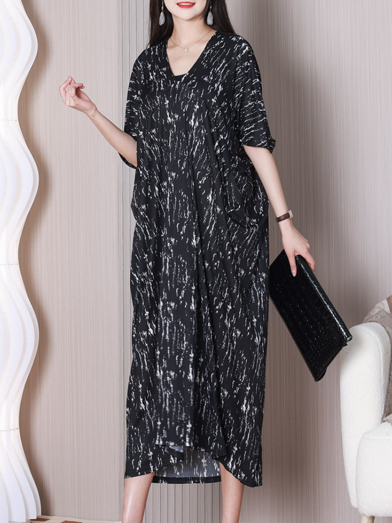 Round Neck Batwing Sleeve Zebra Print Loose High-Low Midi Dress