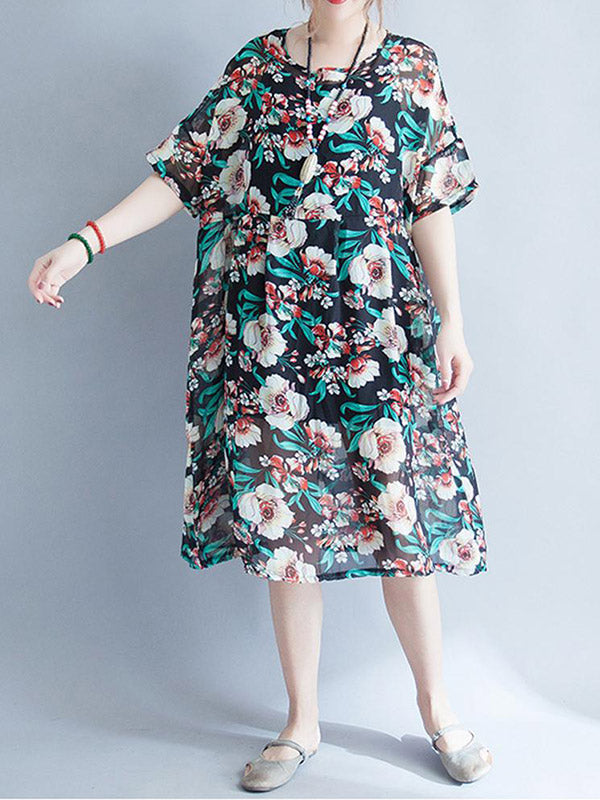 Multi Color Round Neck Short Sleeve Floral Print Loose Smock Midi Dress