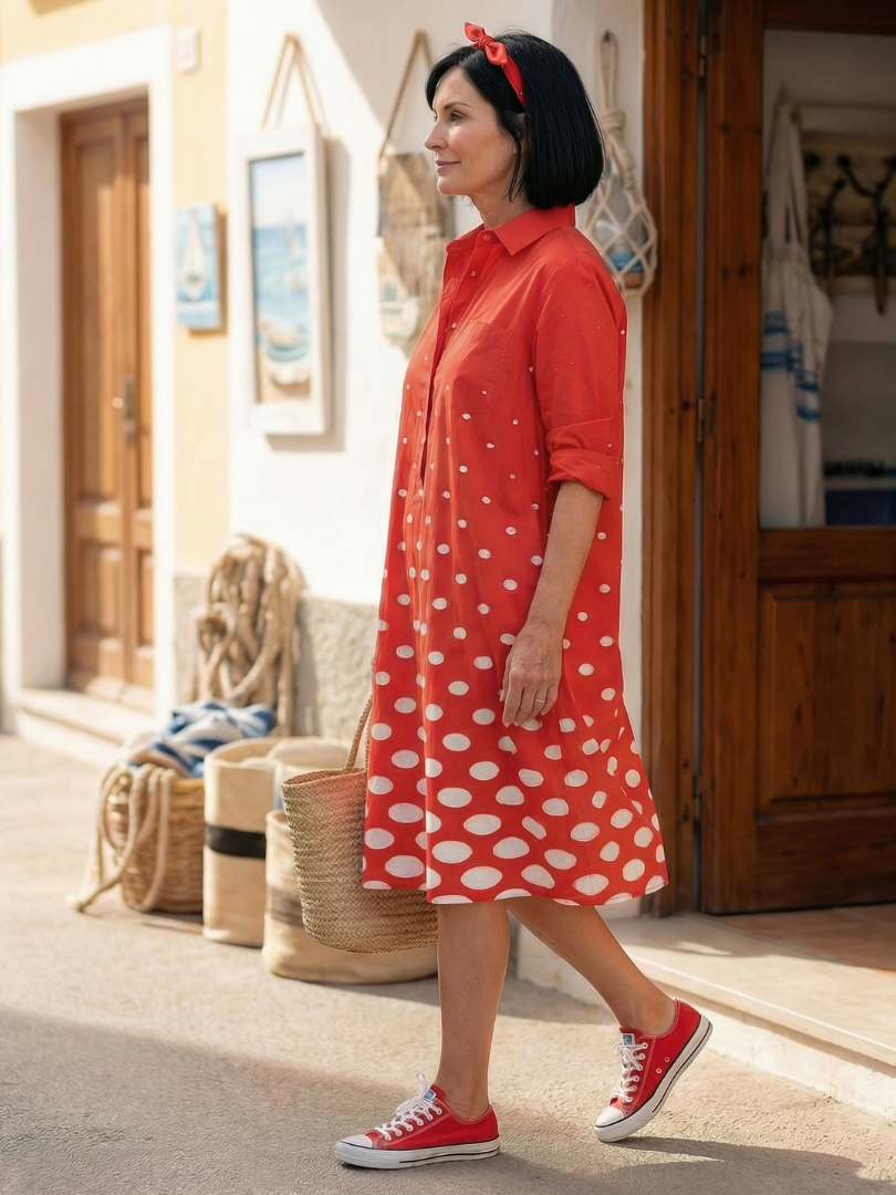 Red Collared Polka Dot Long Sleeve A-Line Shirt Midi Dress
