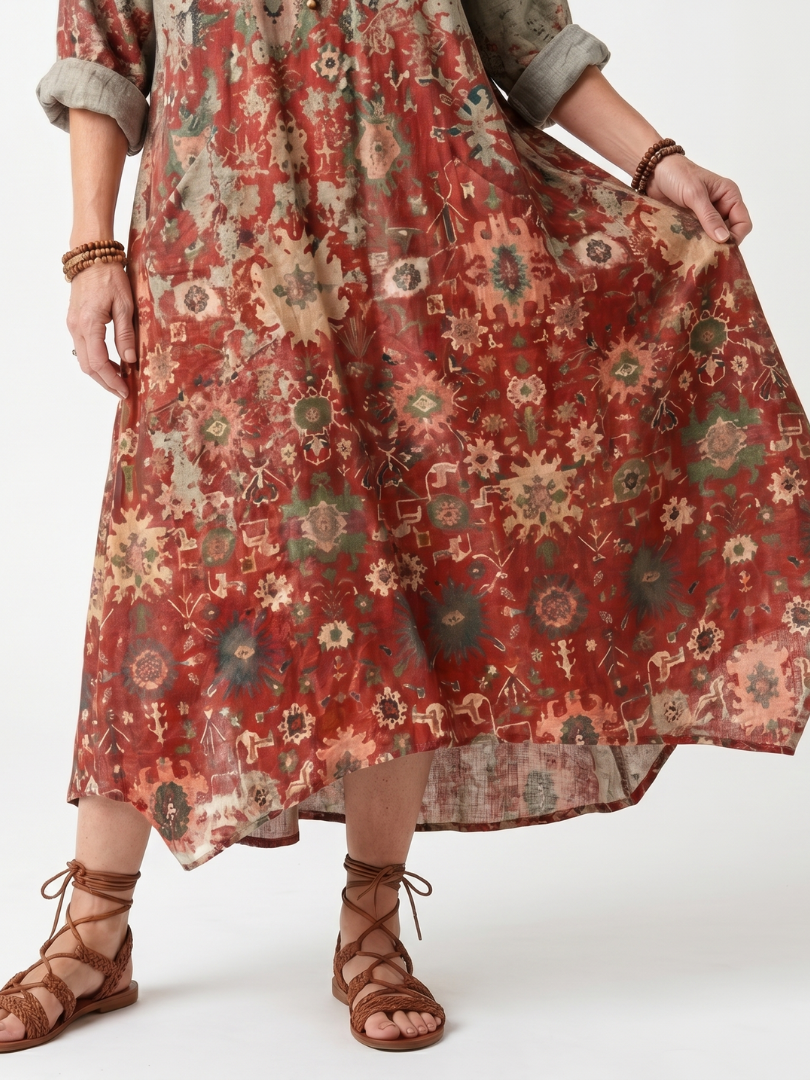 Multicolor Split V-Neck Tapestry Print Roll Sleeve Relaxed Pocket Midi Dress 3