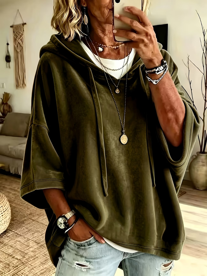 Hooded Drawstring Batwing Sleeve Oversized Velour Hoodie 4