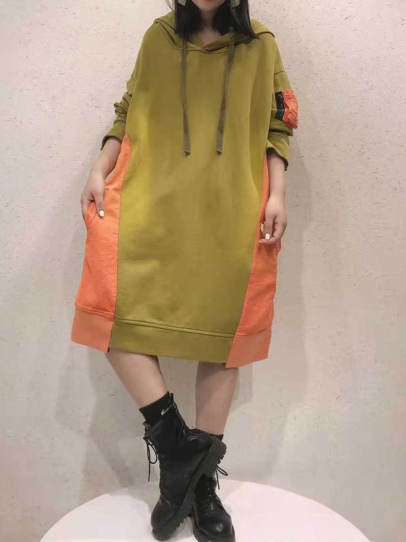 Green Orange Hooded Long Sleeve Color Block Loose Sweatshirt Midi Dress 3