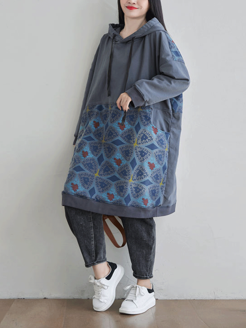 Hooded Drawstring Printed Pocket Sweatshirt Midi Dress 7