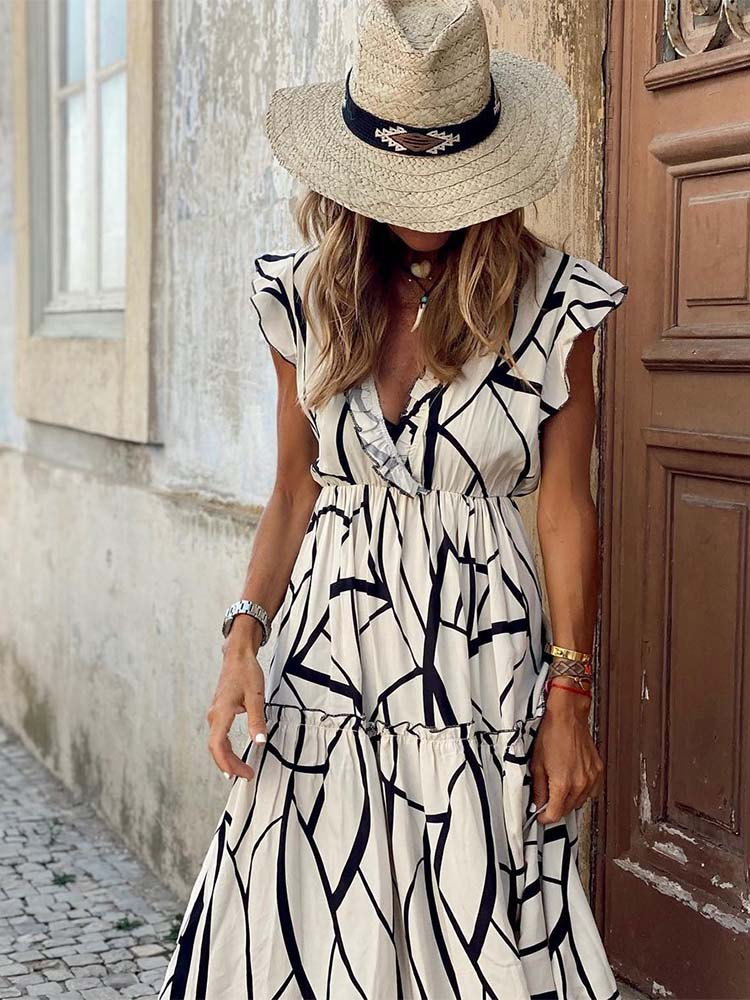 Vintage Short Sleeve Print Maxi Dress
