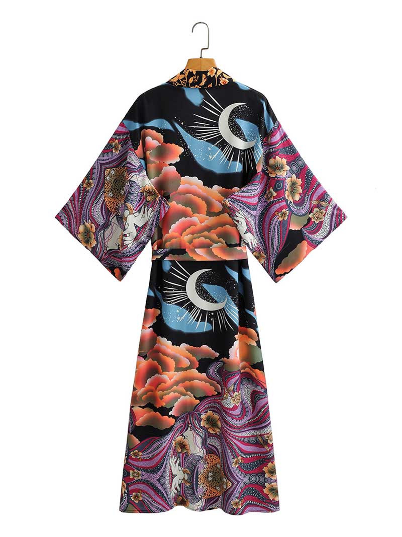 Multicolor Floral Moon Print Tie Waist Bell Sleeve Long Kimono