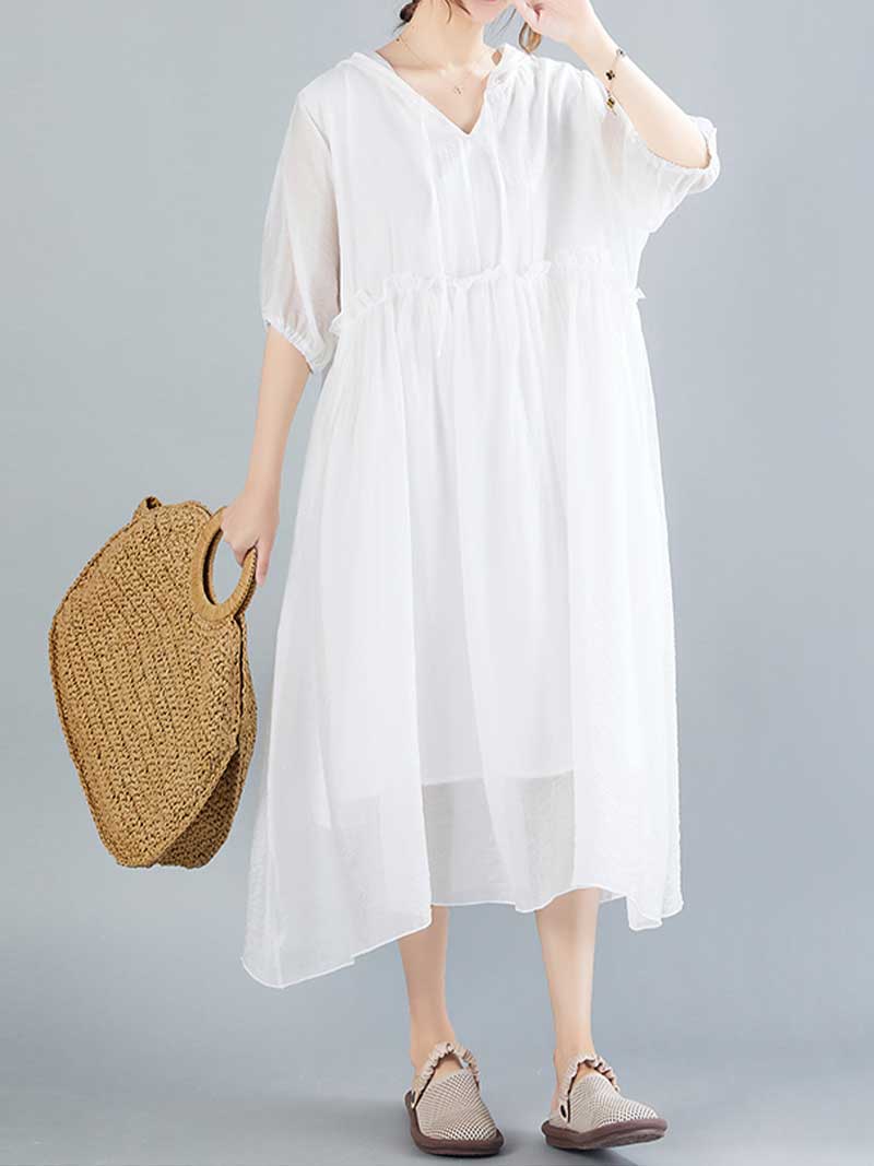 Hooded V-Neck Short Sleeve Pleated Loose A-Line Midi Dress 7