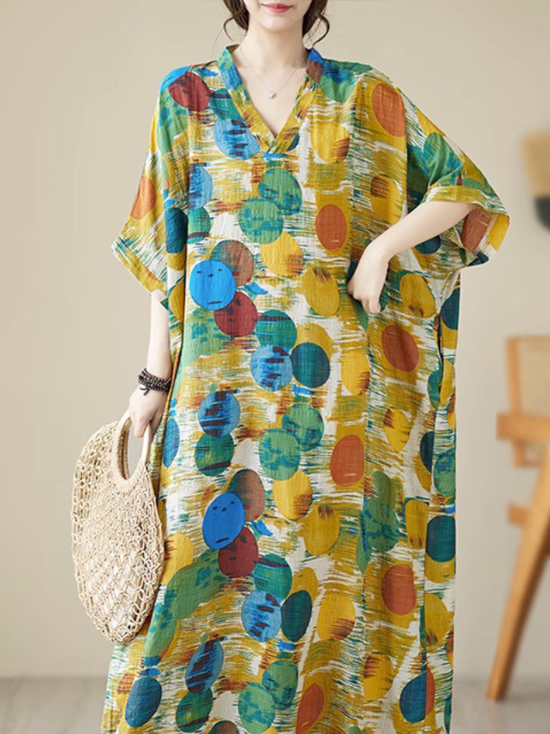 V-Neck Short Sleeve Abstract Dot Print Loose Kaftan Maxi Dress