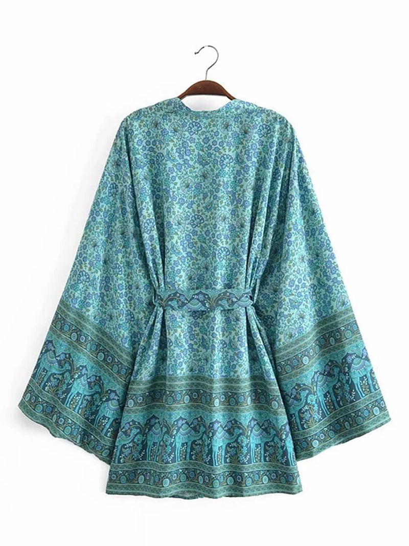 Green Floral Elephant Border Print Belted Bell Sleeve Short Kimono 2