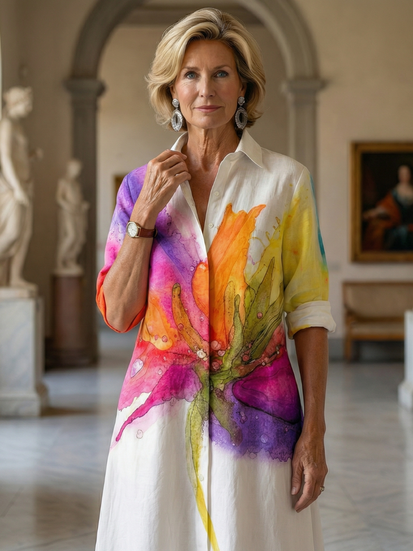 Multicolor Collared Watercolor Floral Rolled Sleeve Shirt Mini Dress 3