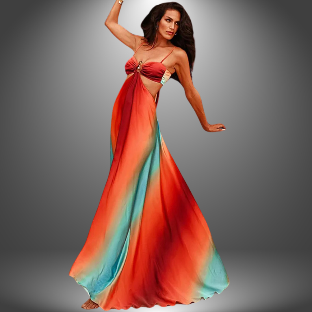 Orange Strapless Sweetheart Gradient Ring Cutout Satin Maxi Gown 3