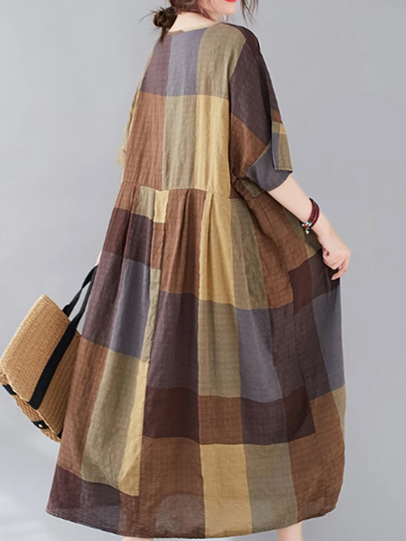Brown V-Neck Short Sleeve Plaid Pleated Loose Cotton Midi Dress