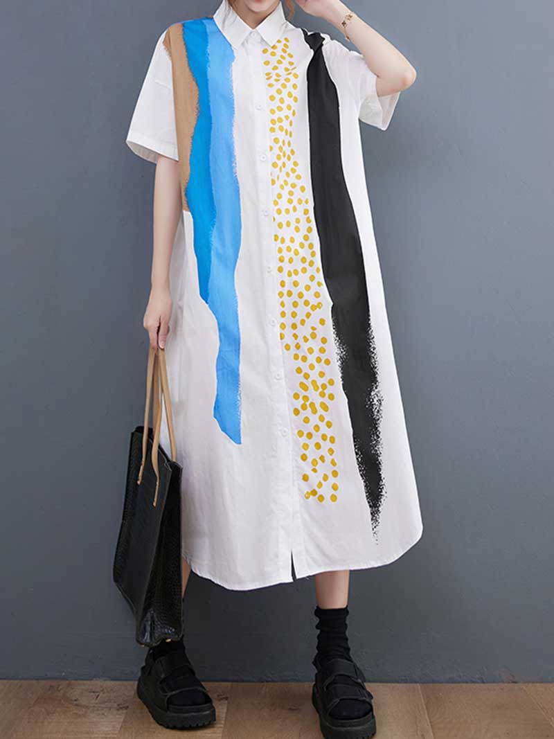 Collared Abstract Print Short Sleeve Shirt Midi Dress 4