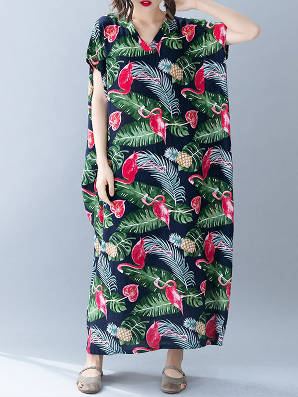 V-Neck Tropical Flamingo Print Short Sleeve Loose Kaftan Maxi Dress 6