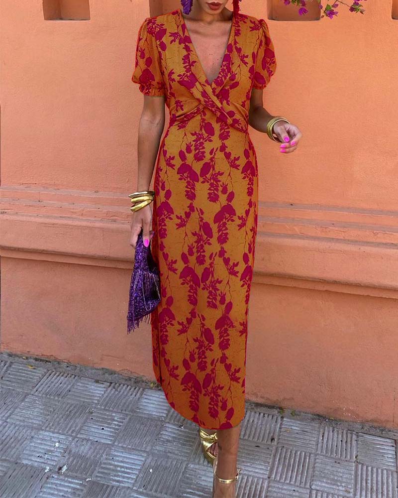 Deep V-Neck Twist Front Floral Print Puff Sleeve Bodycon Midi Dress