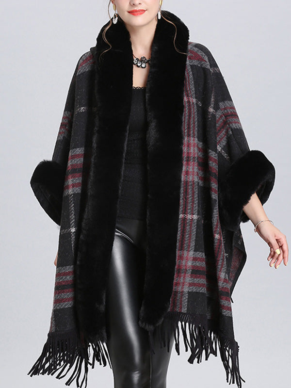 Faux Fur Trim Plaid Tassel Hem Cape Poncho Cardigan