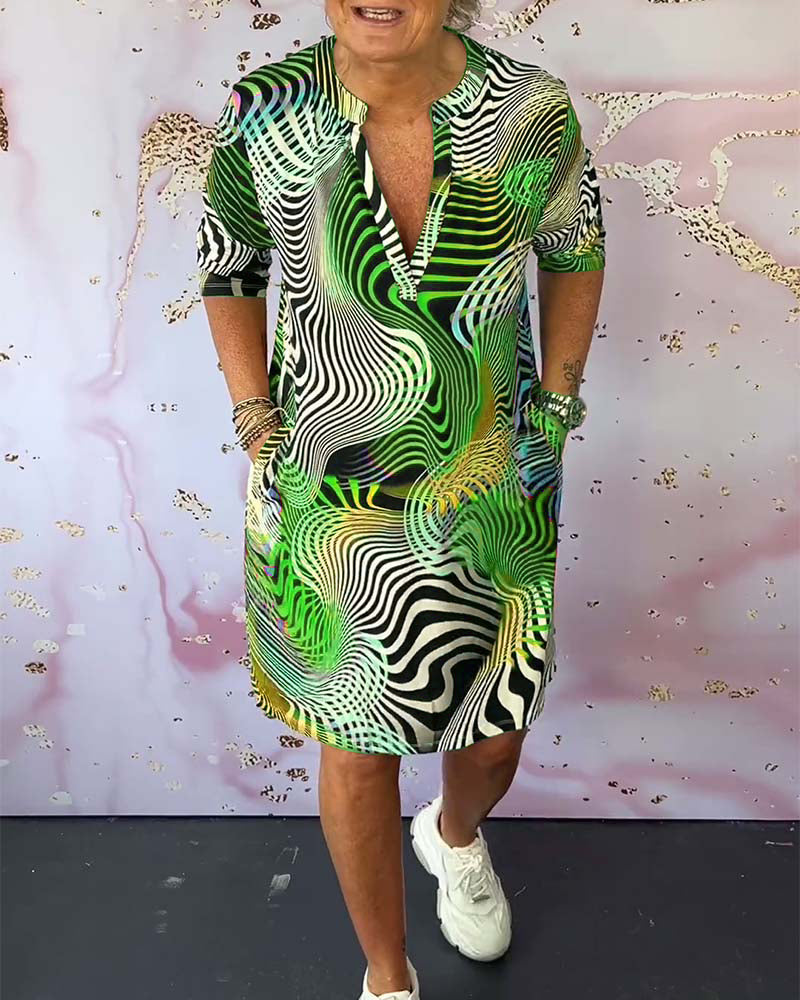 V-Neck Abstract Swirl Print Long Sleeve Pocket Shift Midi Dress