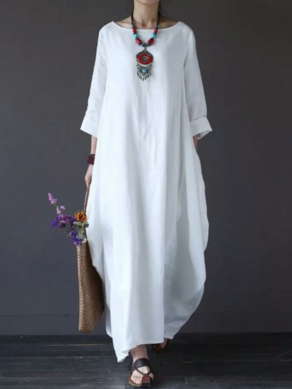 Round Neck Long Sleeve Loose Cotton Cocoon Maxi Dress