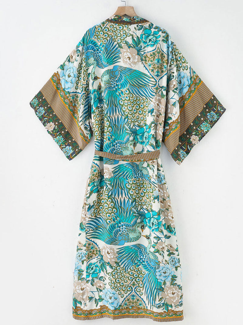 Floral Peacock Print Open Front Long Kimono Duster