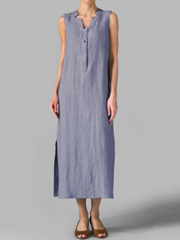 V-Neck Half Button Sleeveless Side Slit Linen Maxi Dress 4