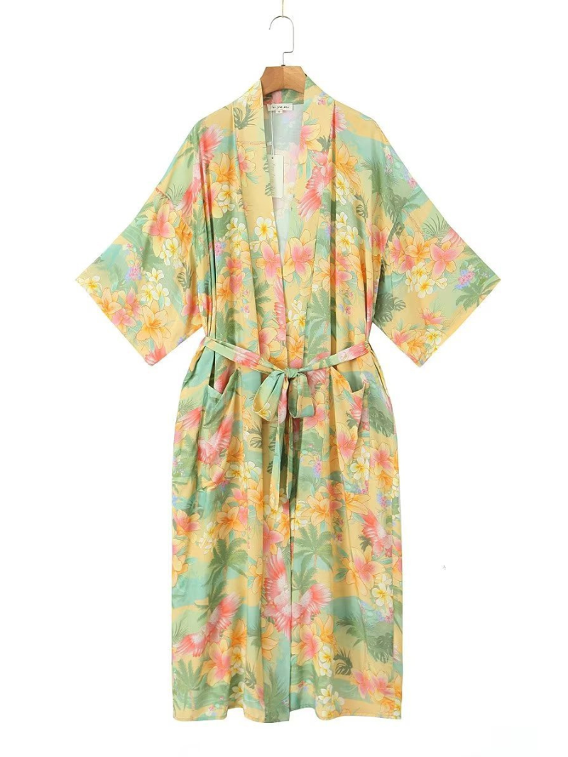 Yellow Tropical Floral Belted Short Sleeve Long Kimono Robe