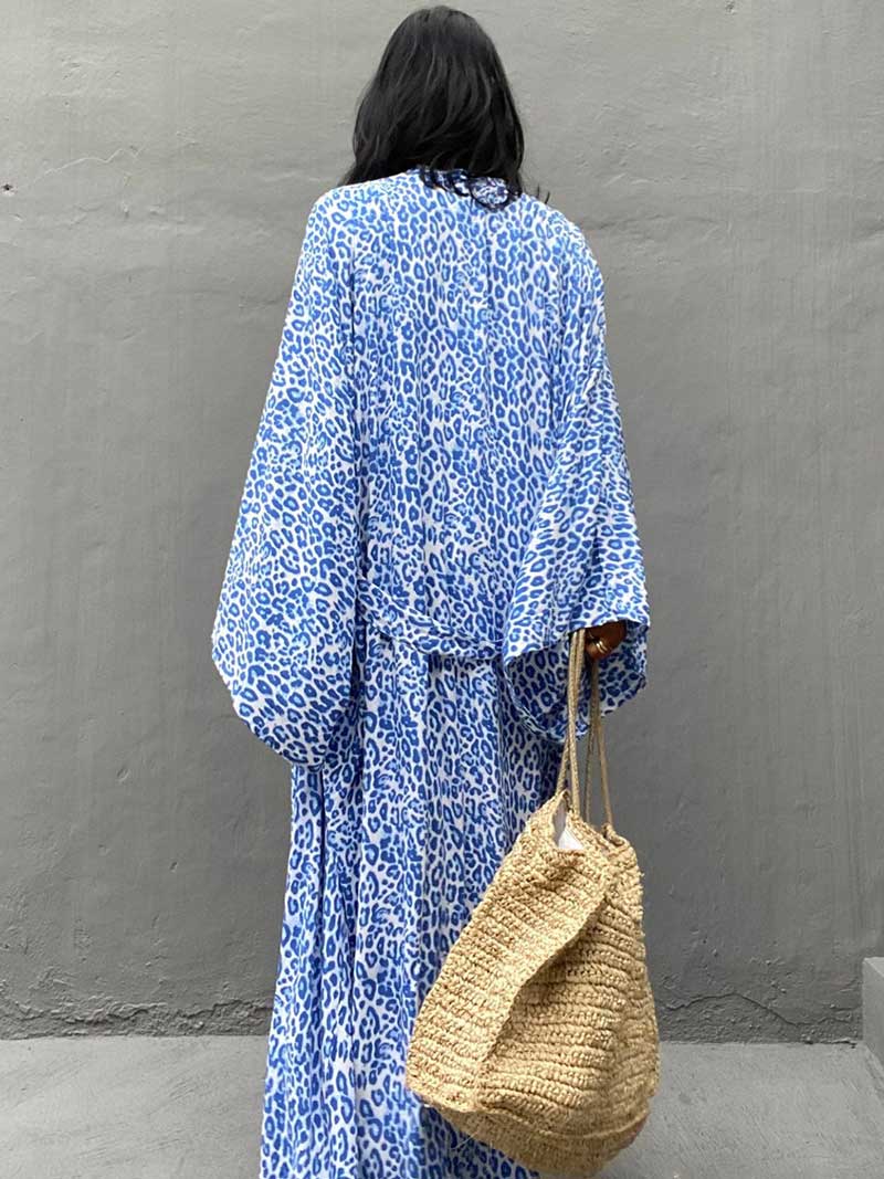 Open Front Abstract Print Belted Long Kimono Robe 10