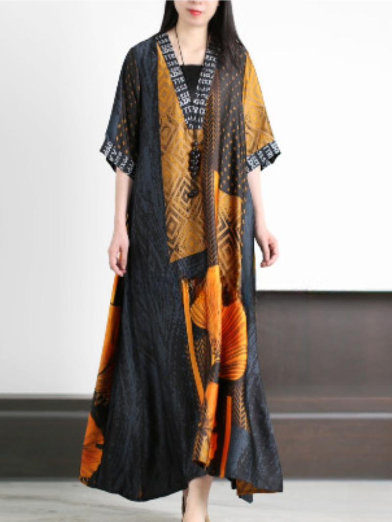 Abstract Print Sleeveless Maxi Dress Open Cardigan Set