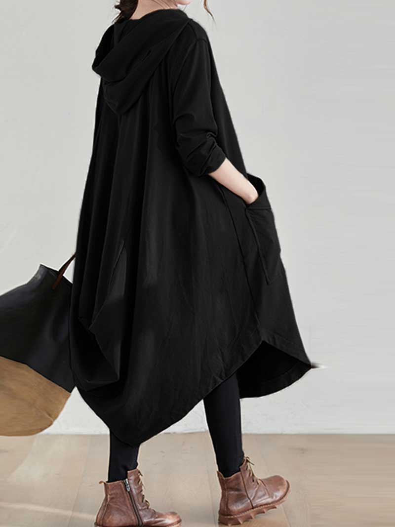 Hooded Drawstring Long Sleeve Pocket Loose Hoodie Dress 4